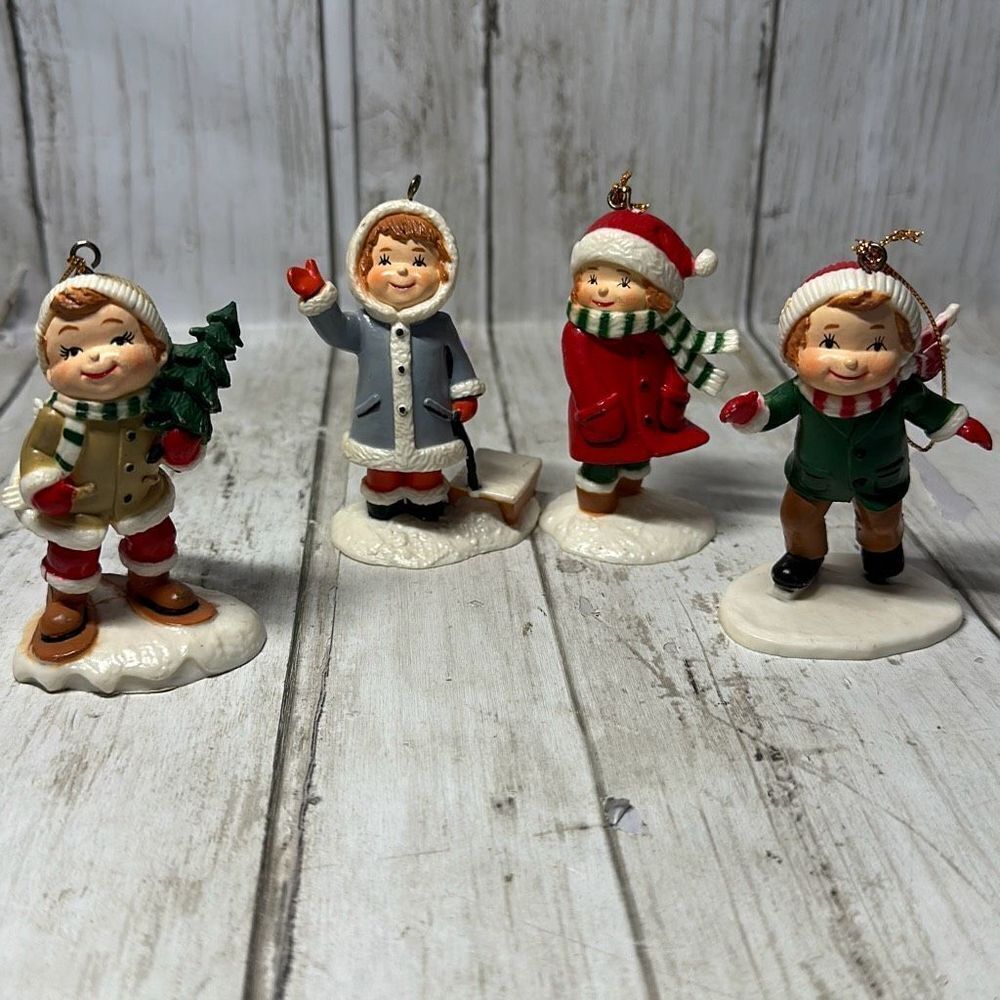 Vintage Christmas Ornaments set of 4 Hard Plastic Made‎ in China 2 boys 2 girls